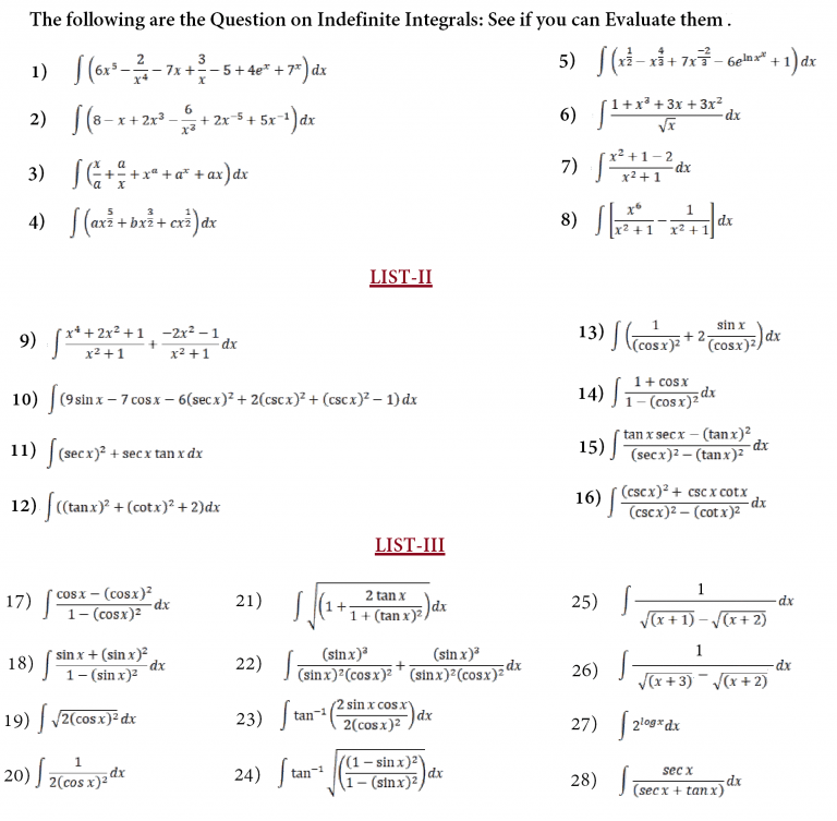 Indefinite Integrals-WorkSheet – International Math Education